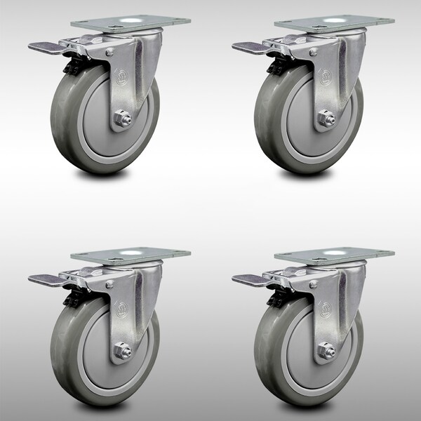 5 Inch SS Gray Polyurethane Top Plate Caster Set Total Lock Brake SCC
